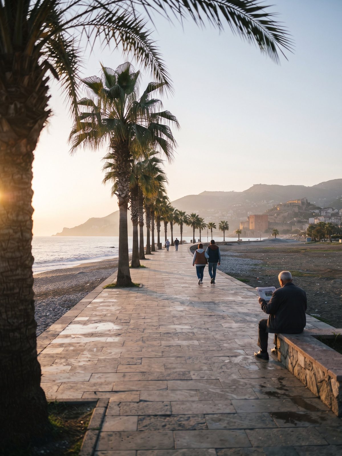 Strandpromenaden i Alanya tidlig en morgen, med palmer, benker og noen få som går tur.