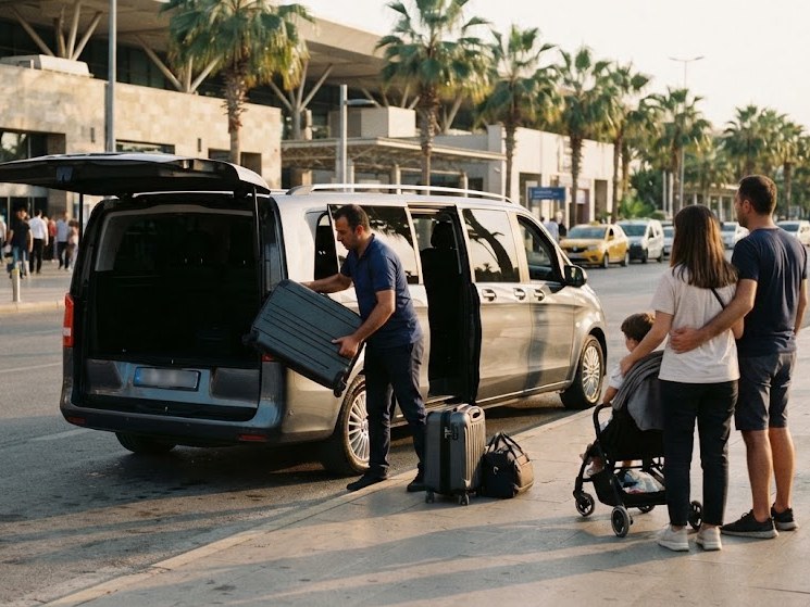 En sjåfør løfter bagasje inn i en minibuss utenfor Antalya lufthavn mens en familie venter.